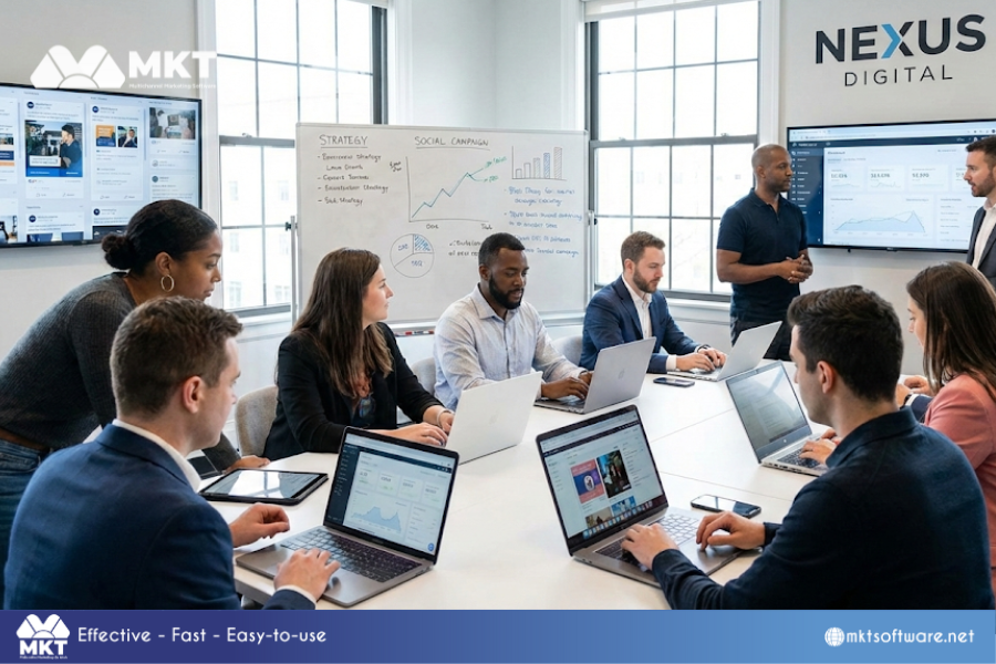 Modern digital marketing programs concept with SEO, paid advertising, and performance analytics.